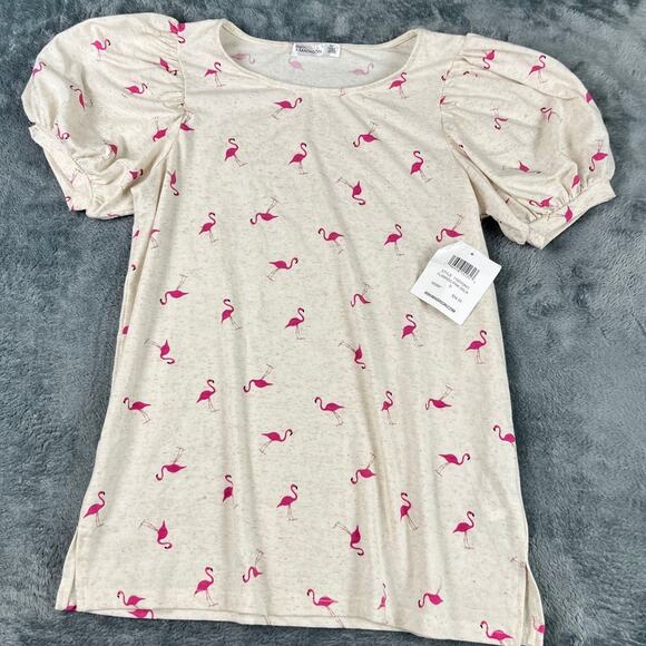 89th + Madison Women's Top S Pink Flamingo Print Puff Sleeve NWT - Picture 1 of 10